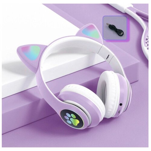 Беспроводные bluetooth наушники Cat Ear со светящимися кошачьими ушками и лапками LED, микрофон, фиолетовый наушники беспроводные bluetooth cat ear p47m со светящимися кошачьими ушками розовый