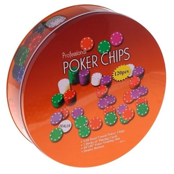 Набор для покера 120 фишек с номиналом и с сукном в металлическом футляре Покерный набор 21х21 см VITTOVAR уценка! мятые коробки