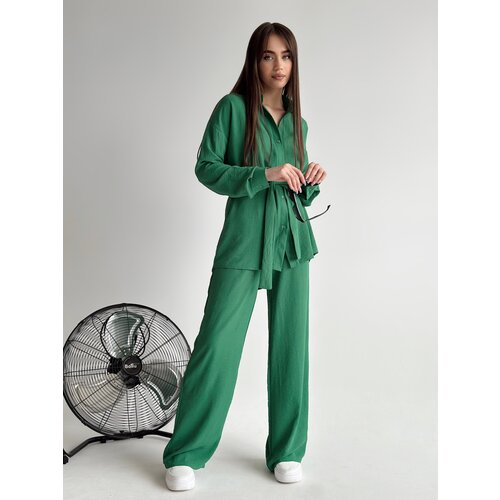 Костюм, рубашка и брюки, повседневный стиль, свободный силуэт, пояс/ремень, пояс на резинке, размер 44, зеленый
