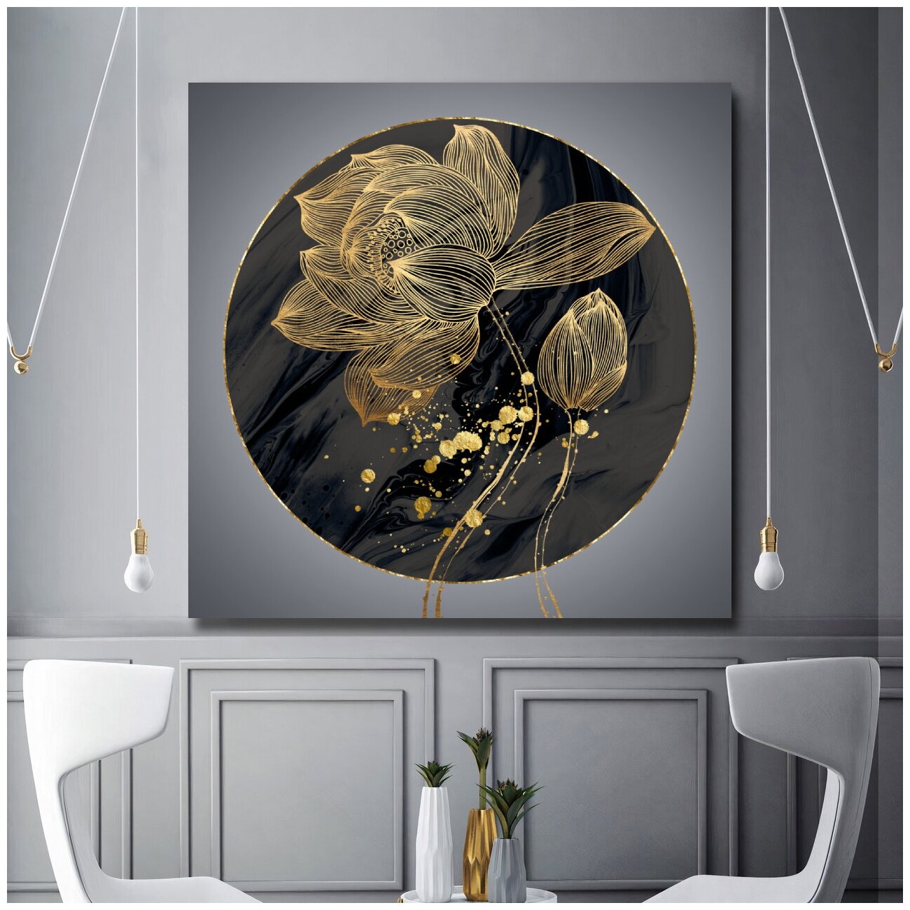 Современная интерьерная картина в гостиную/зал/спальню "Золотой цветок", холст на подрамнике, 70х70 см