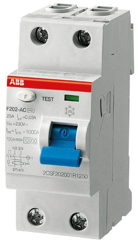 F202 AP-R 40/30 Блок утечки тока 2-полюсный, 40A, 30mA, тип AP-R (УЗО) ABB, 2CSF202401R1400