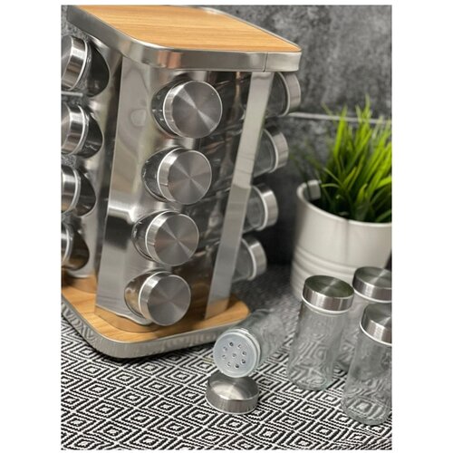 Посуда для приправ / для хранения специй / набор банок на крутящейся подставке / 16 баночек / стекло / стикеры в подарок