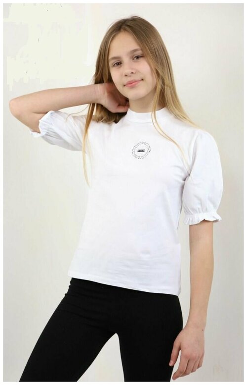 Школьная блуза Smile, прилегающий силуэт, короткий рукав, без карманов, воланы, без капюшона, трикотажная, однотонная, размер 158, белый