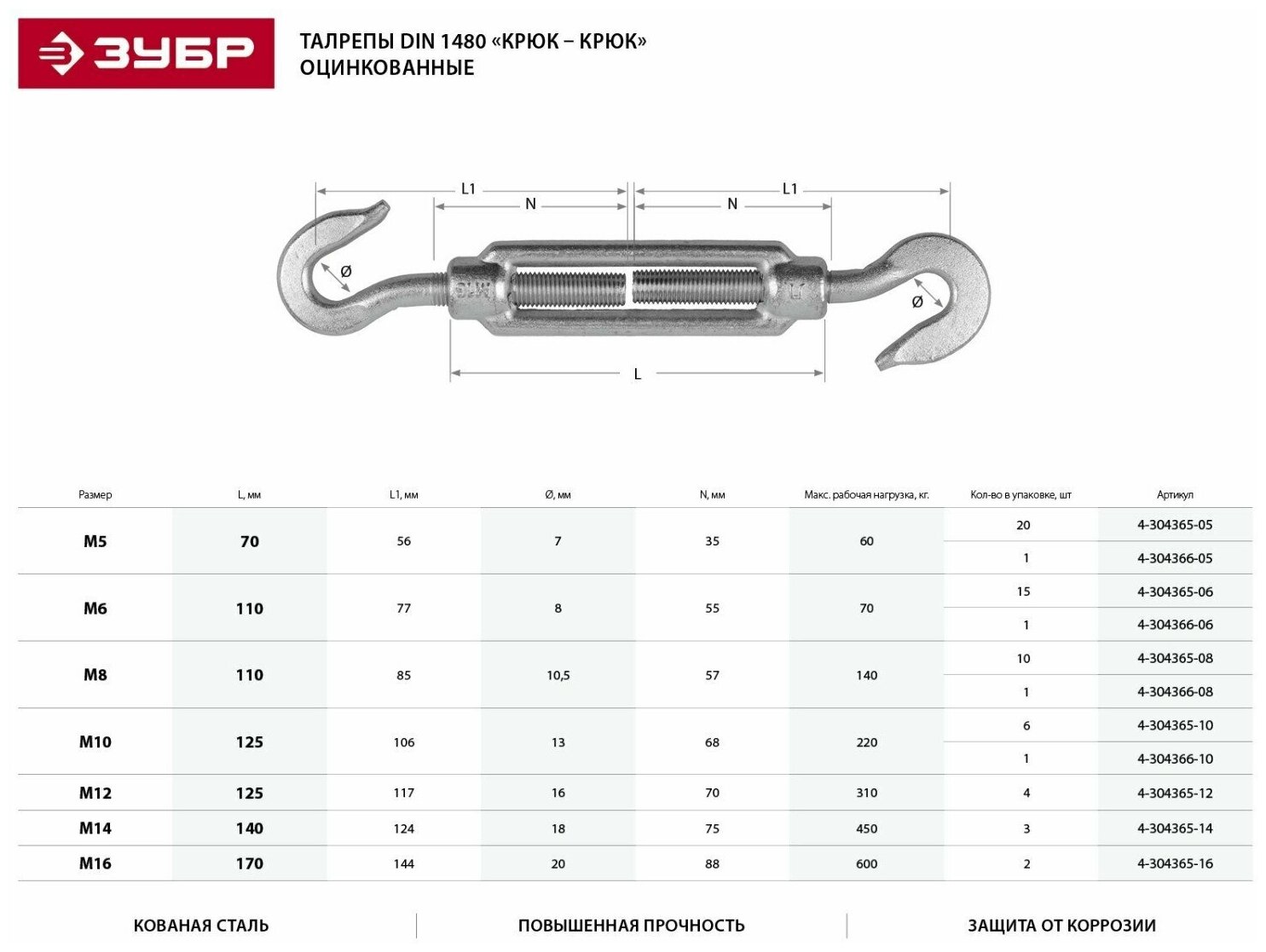 Талреп DIN 1480, крюк-крюк, М6, 15 шт, кованая натяжная муфта, оцинкованный, ЗУБР Профессионал - фотография № 4