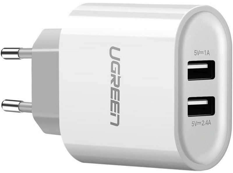 Сетевое зарядное устройство UGREEN CD104 (20384) Dual USB Wall Charger 3.4A EU с двумя портами USB. Цвет: белый
