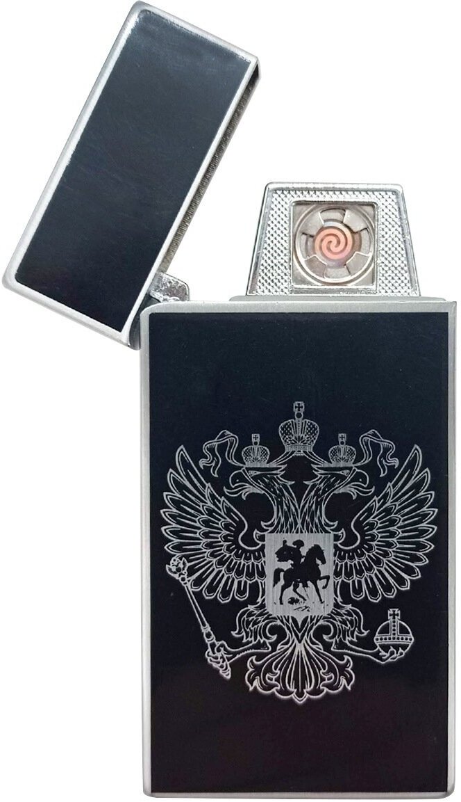 Электронная спиральная зажигалка USB Россия черная с серебряным, с проводом - фотография № 2