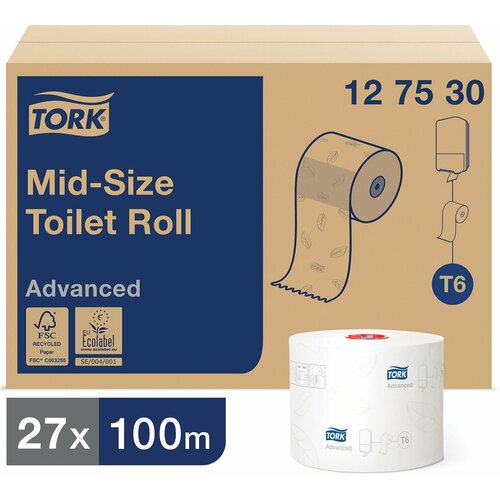 Бумага туалетная 100 м, TORK (Система Т6), комплект 27 шт, Advanced, 2-слойная, белая, 127530