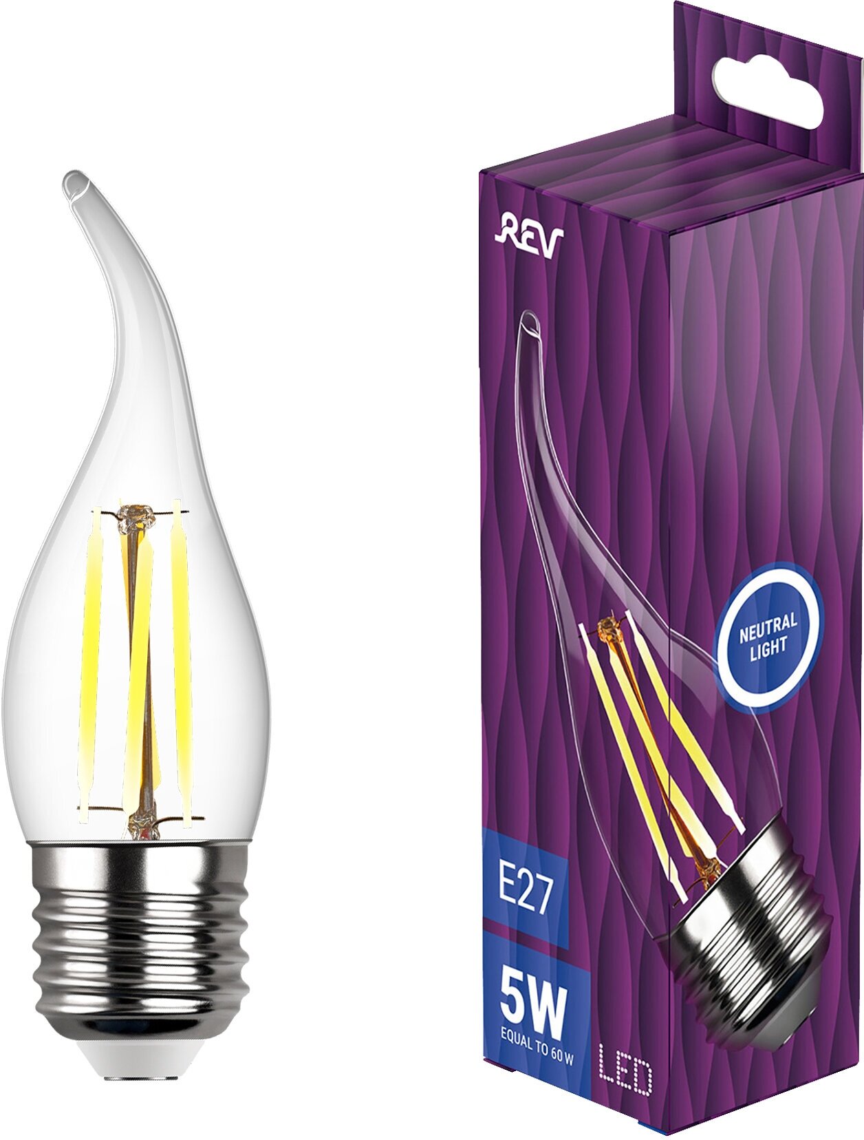 Лампа светодиодная REV 7 Вт E27 филаментная свеча на ветру FC37 4000 К дневной свет 230 В прозрачная