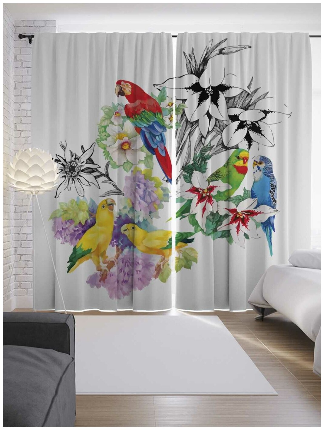 Шторы JoyArty с фотопечатью "Цветные попугаи" из сатена, 290х265 см - фотография № 1