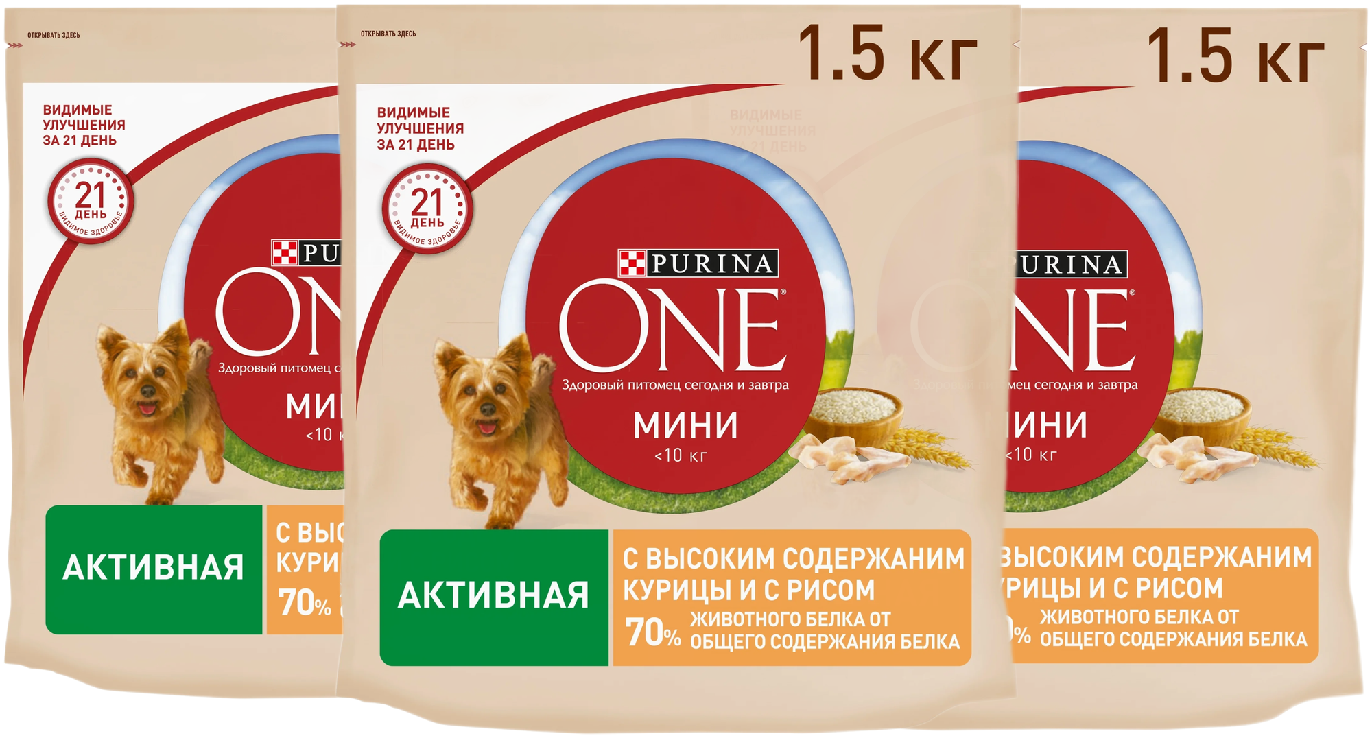 Сухой корм Purina ONE мини Активная для собак мелких пород, с высоким содержанием курицы и с рисом 1,5 кг х 3 шт