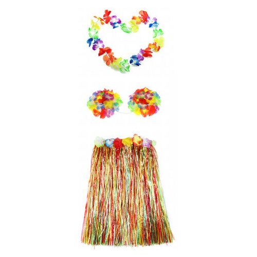 юбка гавайская 60 см разноцветная с цветочками набор 2 шт Набор гавайское ожерелье 96 см, лиф Лилия лифчик из цветов, юбка разноцветная с цветочками 60 см