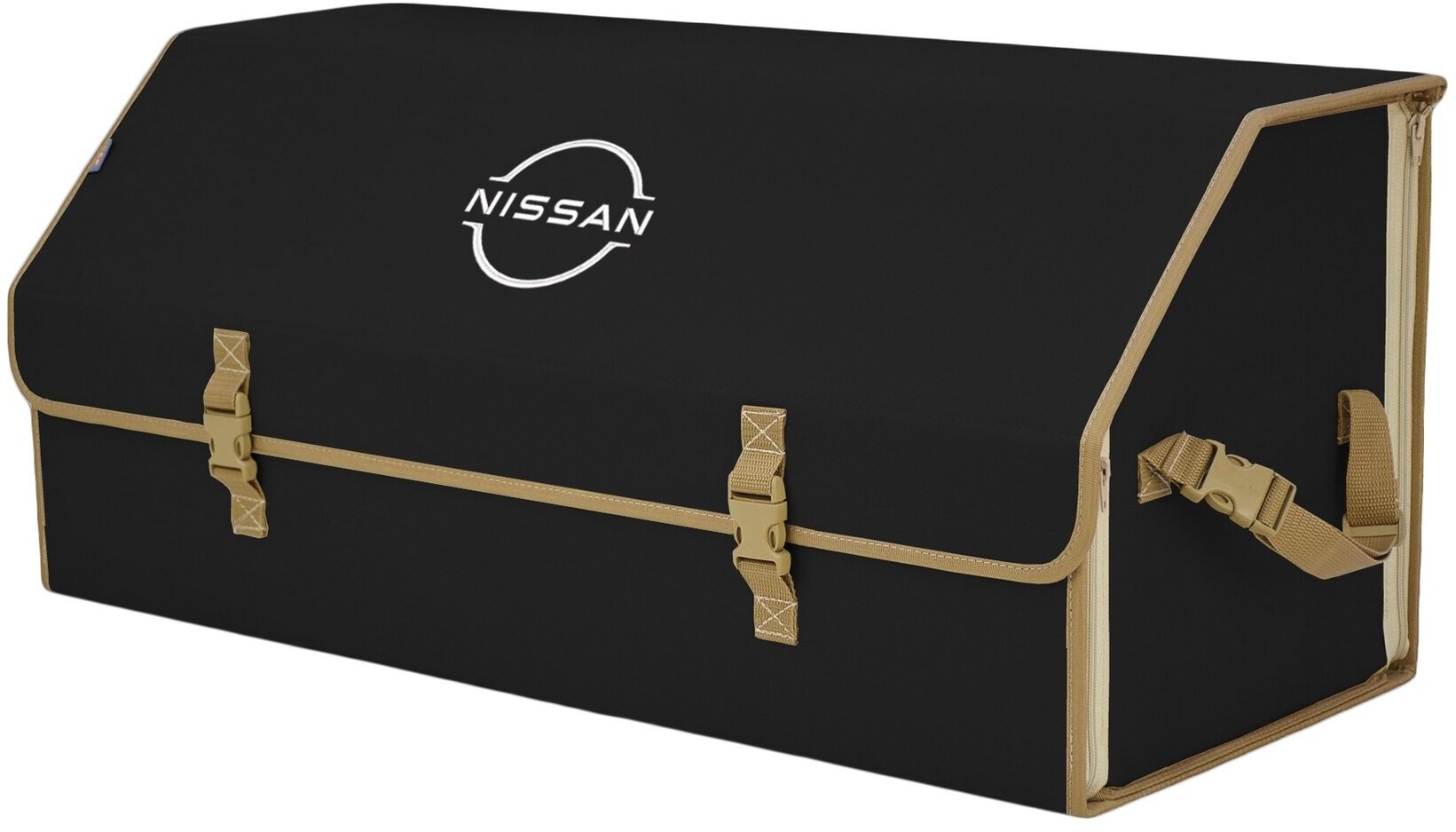 Органайзер-саквояж в багажник "Союз" (размер XXL). Цвет: черный с бежевой окантовкой и вышивкой Nissan (Ниссан).