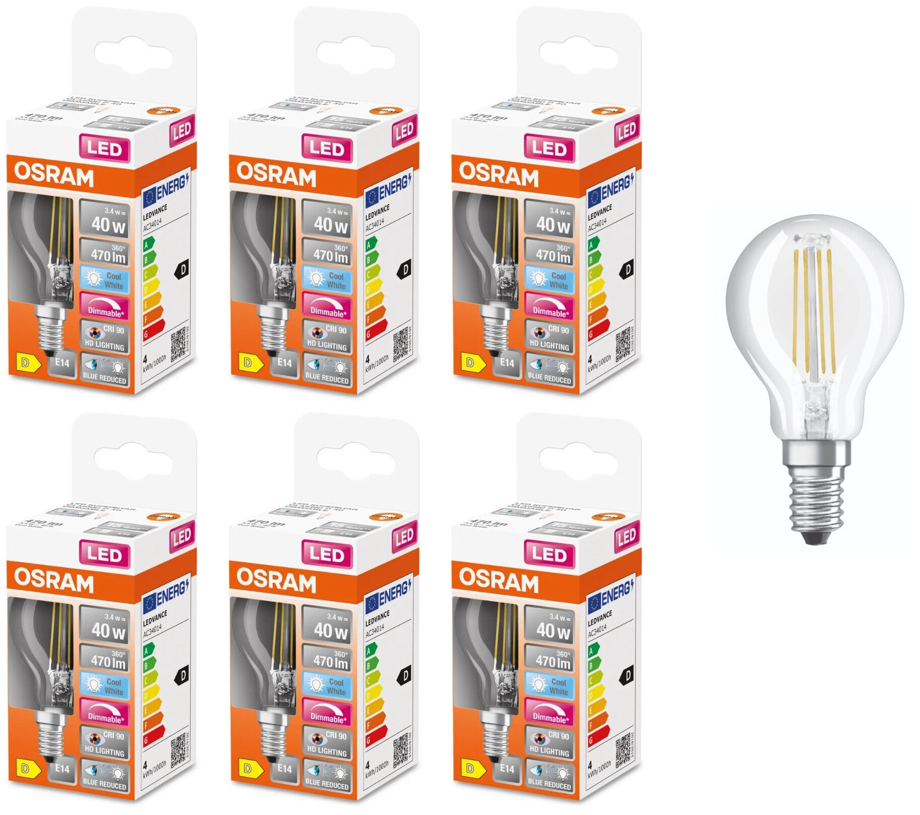 Лампочка светодиодная Osram 3.4W=40W 220V E14 Шарик прозрачный G45 470Лм Диммируемая Филаментная 4000K упаковка 6шт