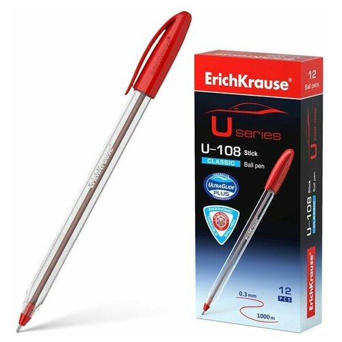 Ручка шариковая ErichKrause U-108 Classic Stick 1.0, Ultra Glide Technology, красная , 12 шт. ручка шариковая u 108 pastel stick 1 0 ultra glide цвет чернил синий 50 шт