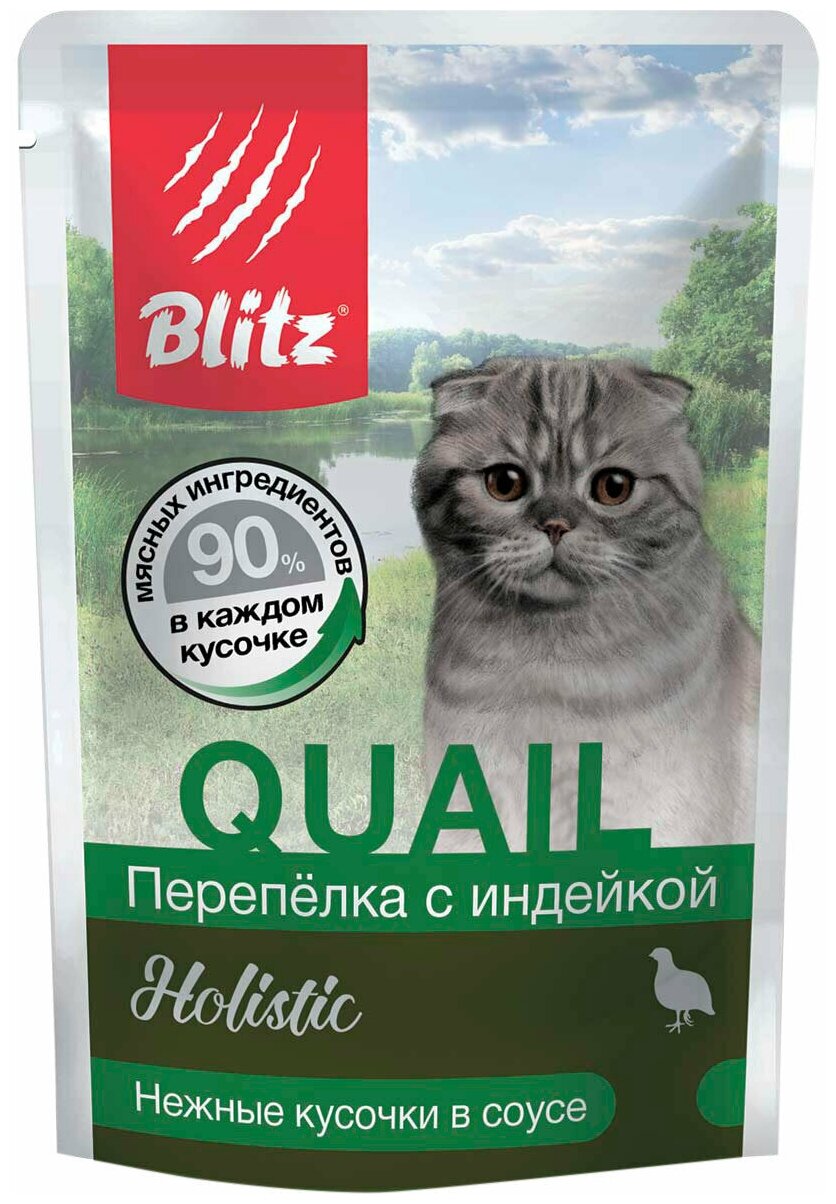 Консервы (паучи) BLITZ HOLISTIC QUAIL для взрослых кошек с перепелкой и индейкой в соусе (пауч 85 гр х 24 шт)