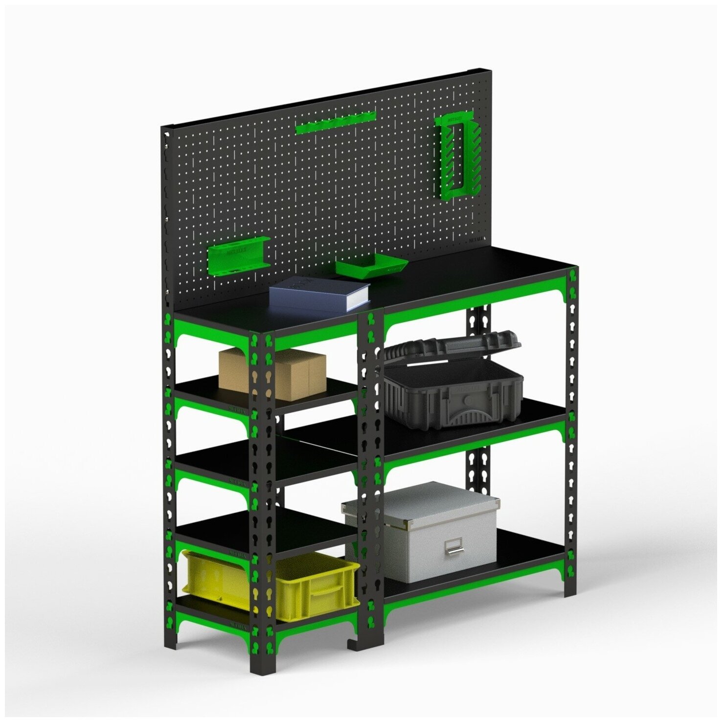 Стол-верстак Metalex 950х1300х600 (с боковыми полками, перфопанелью и комплектом аксессуаров) - фотография № 1