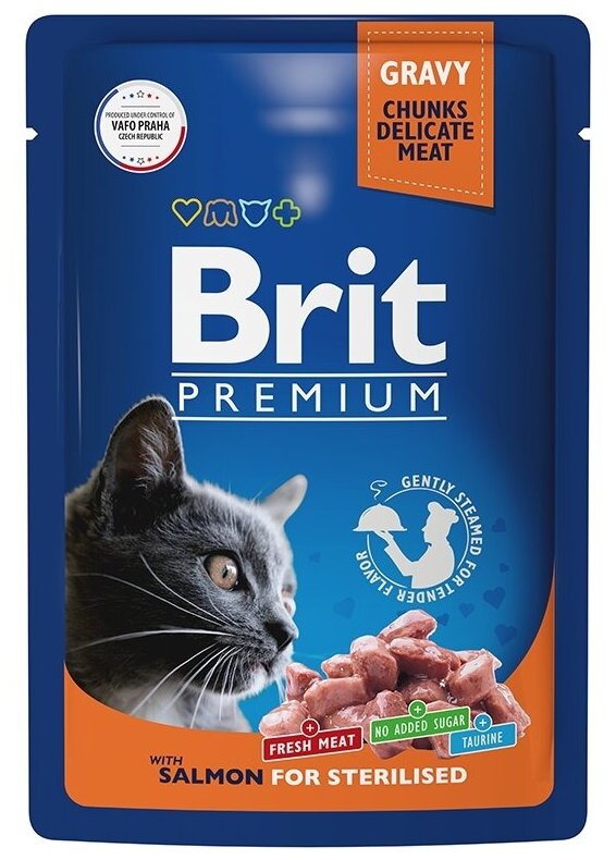 Паучи для кошек кусочки в соусе 85 гр, 14 шт, Brit Premium Лосось, для стерилизованных кошек - фотография № 2
