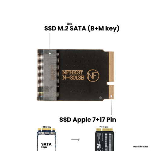 Адаптер-переходник для установки диска SSD M.2 SATA (B+M Key ) в разъем SSD Apple (7+17 Pin) на MacBook Air 11, 13 Mid 2012 / NFHK N-2012B адаптер переходник для установки ssd m 2 sata b m key в разъем 2 5 sata черный nfhk n m2ng lb