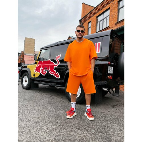 Мужской спортивный костюм с шортами оранжевый из футера размер L