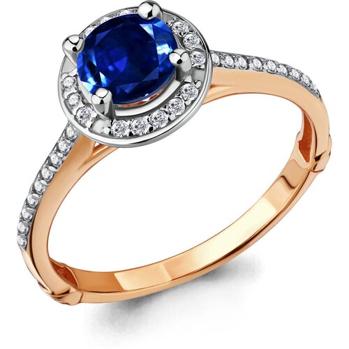 фото Золотое кольцо aquamarine 63989б с фианитом и гидротермальным сапфиром diamant-online