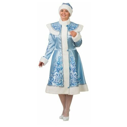 Карнавальный костюм 'Снегурочка', сатин, шуба с аппликацией, шапка, варежки, цвет голубой, р. 50-52