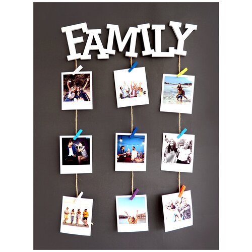 Панно для фотографий Roomton Family 40 см, коричневый, фоторамка с прищепками, держатель для фотографий, мультирамка Семья