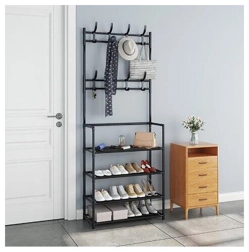 Стеллаж Этажерка Вешалка в прихожую New simple floor Clothes Rack, 5 полок, 60х26х171 (чёрный) - фотография № 1