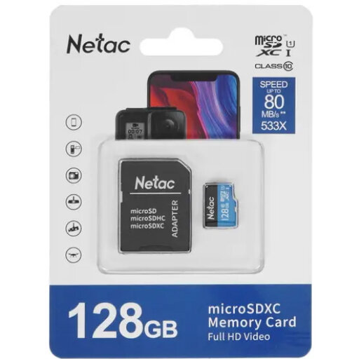 NT02P500STN-128G-R Карта памяти MicroSD с адаптером 128GB Netac P500 Standart Class 10 UHS-I (80Mb/s)