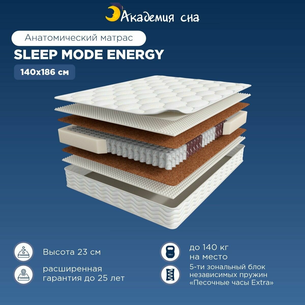Матрас анатомический Академия Сна Sleep Mode Energy, с зональным пружинным блоком 140x186 см