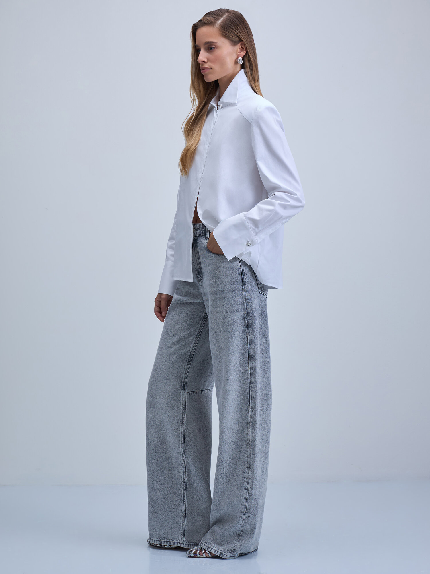 Джинсы широкие Zarina wide leg, размер XL (RU 50), светло-серый