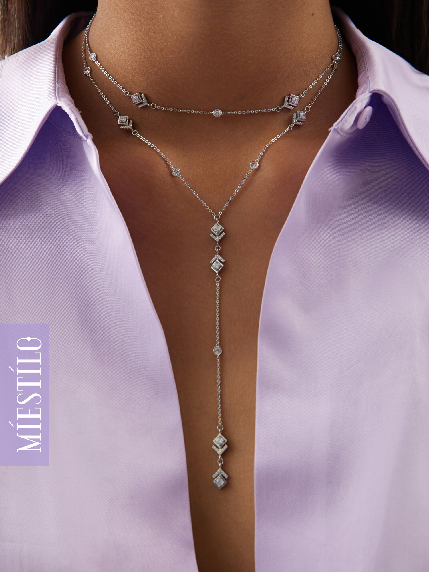 Колье MIESTILO, серебро, 925 проба, родирование, фианит, длина 37 см., белый, серебристый, серый