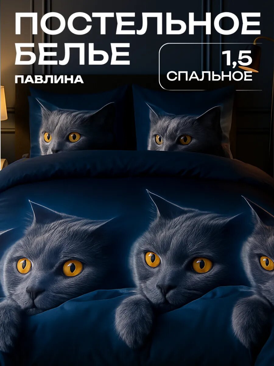 Постельное белье 1.5 спальное Павлина полисатин Кот британец 6810, синий