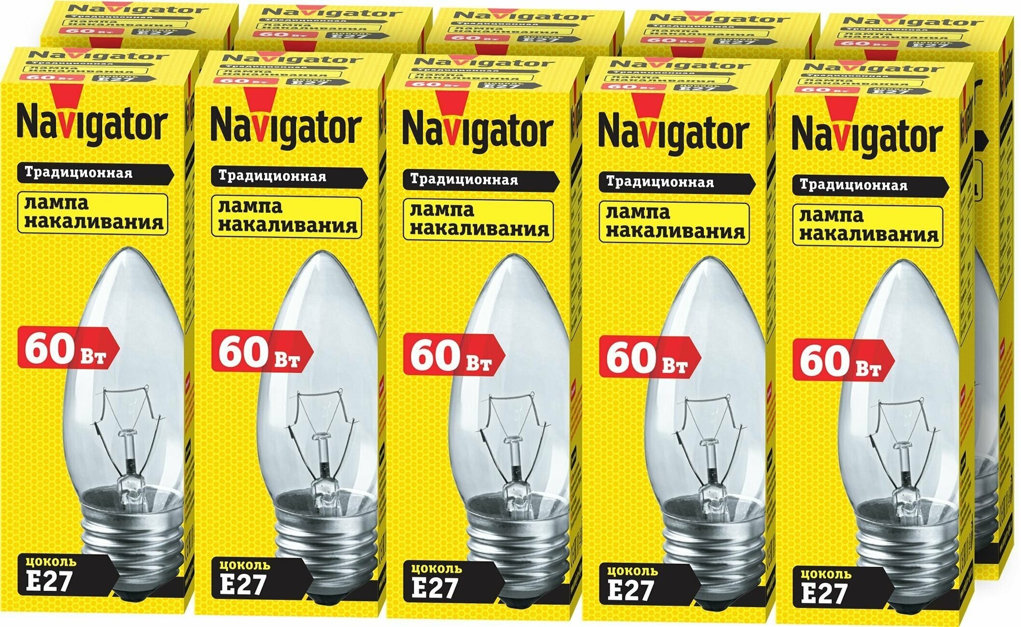 Лампа накаливания Navigator 94 329 NI-B, свеча, 60 Вт, Е27, упаковка 10 шт.