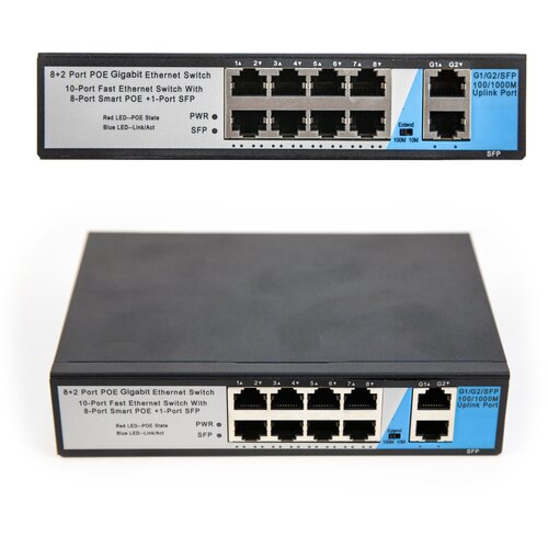 Коммутатор HTV-POE2082 8 портовый PoE + 2 Uplink коммутатор rvi rvi 1ns08f 2t 1g общее количество портов 10 poe 8шт 2 10base t 100base tx 1000base t суммарная мощность потребителей 120 вт