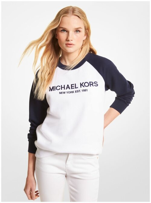 Свитшот MICHAEL KORS М белый с синими рукавами и лого на груди Logo Color-Block Cotton Blend Sweatshirt