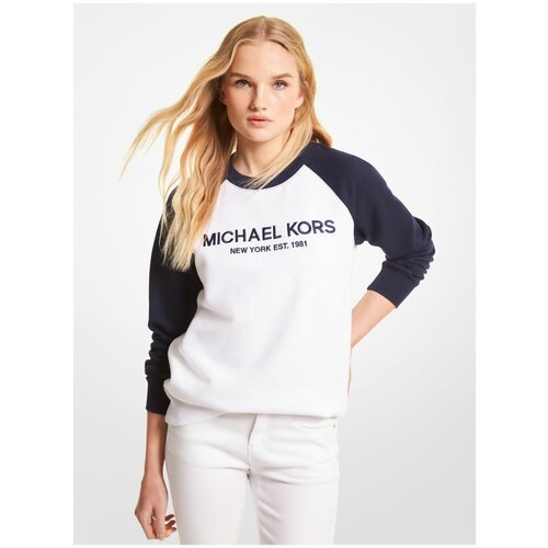 Свитшот MICHAEL KORS М белый с синими рукавами и лого на груди Logo Color-Block Cotton Blend Sweatshirt