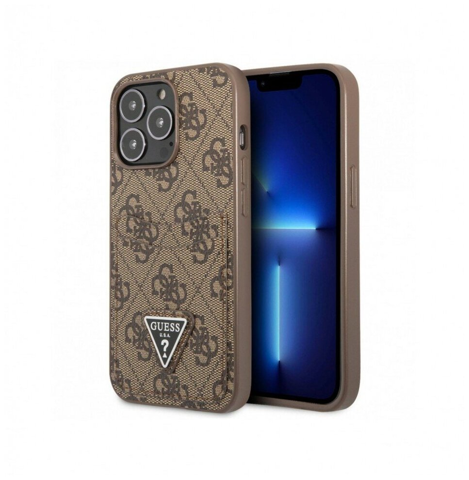 Guess для iPhone 14 Plus чехол PU 4G Double cardslot Metal triangle logo Hard Brown