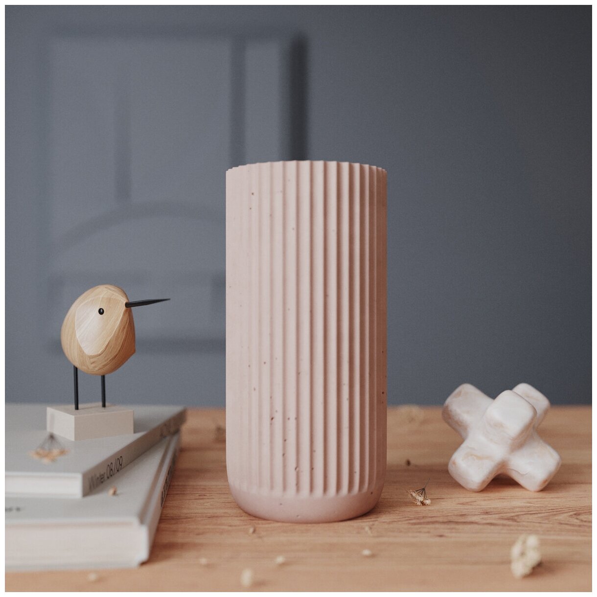 Декоративная ваза для сухоцветов Chloe M, 20x9.5 см, бетон, розовая матовая