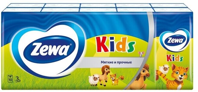 Платочки Zewa Kids, 10 листов, 10 пачек, белый