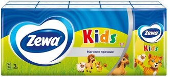 Детские Платочки Бумажные Носовые Zewa Kids, 3 слоя, 10шт. Х 10