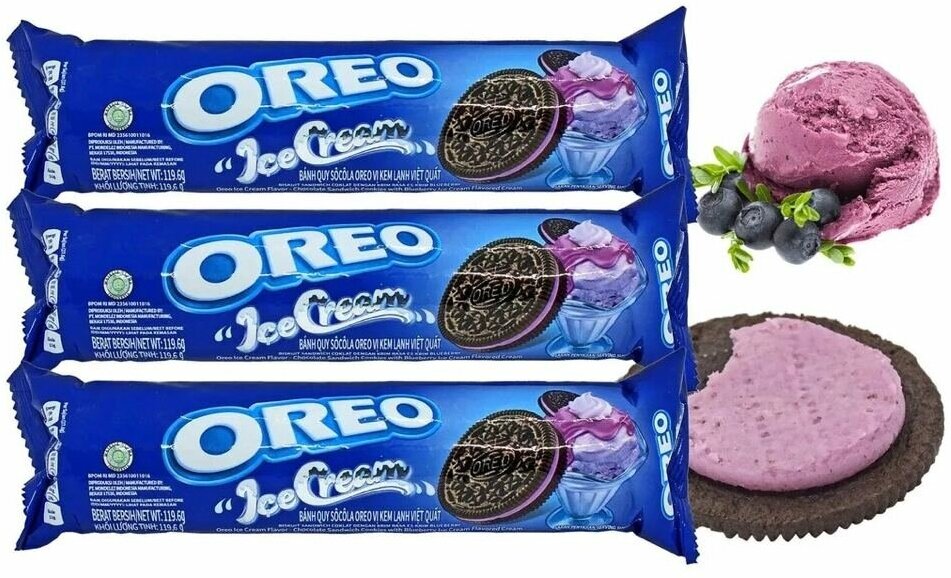 Печенье Oreo Blueberry Ice Cream / Орео Черничное Мороженое 119.6 гр (Индонезия) 3 упаковки