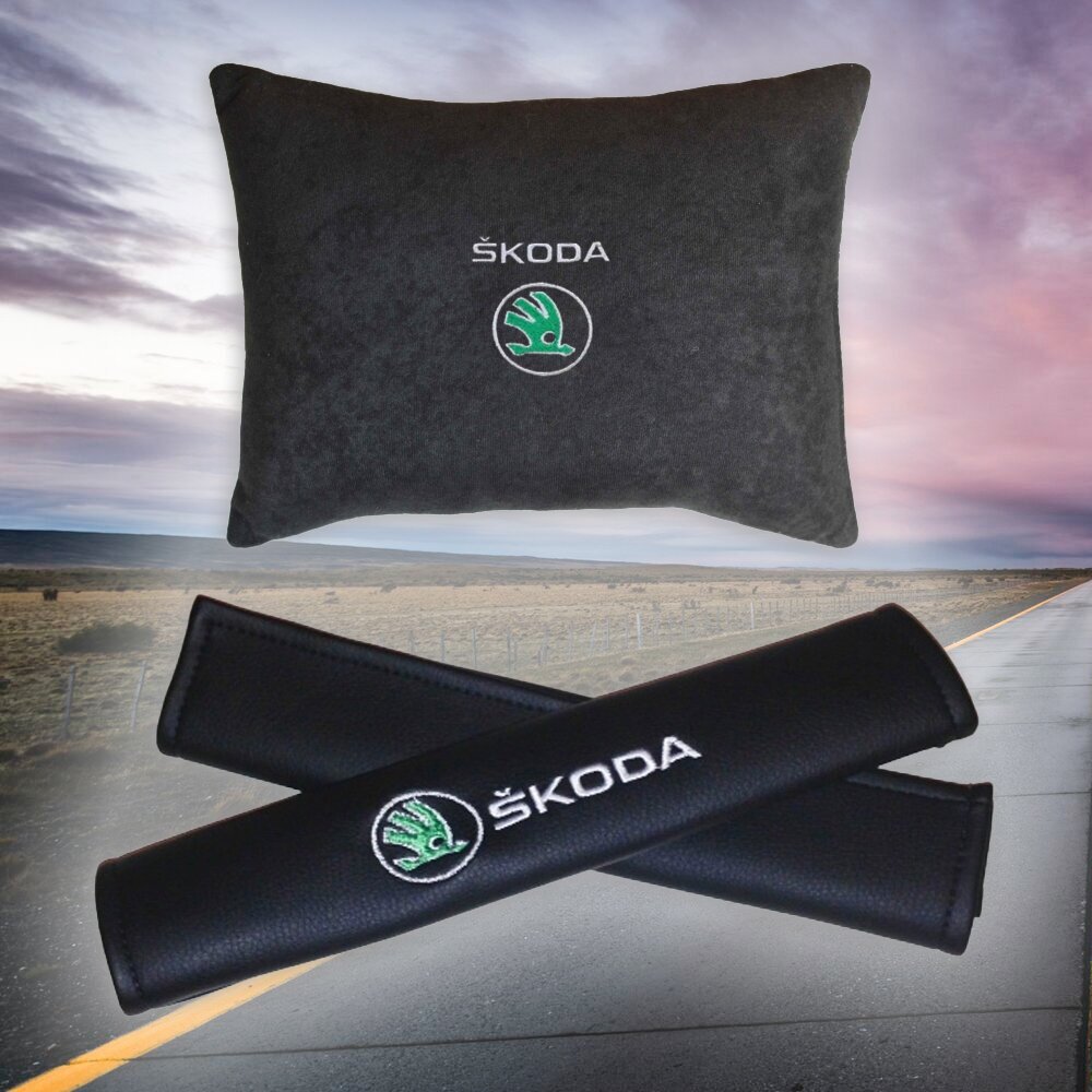 Подарочный набор автомобилиста из черного велюра для Skoda (шкода) (автомобильная подушка и накладки на ремень безопасности)