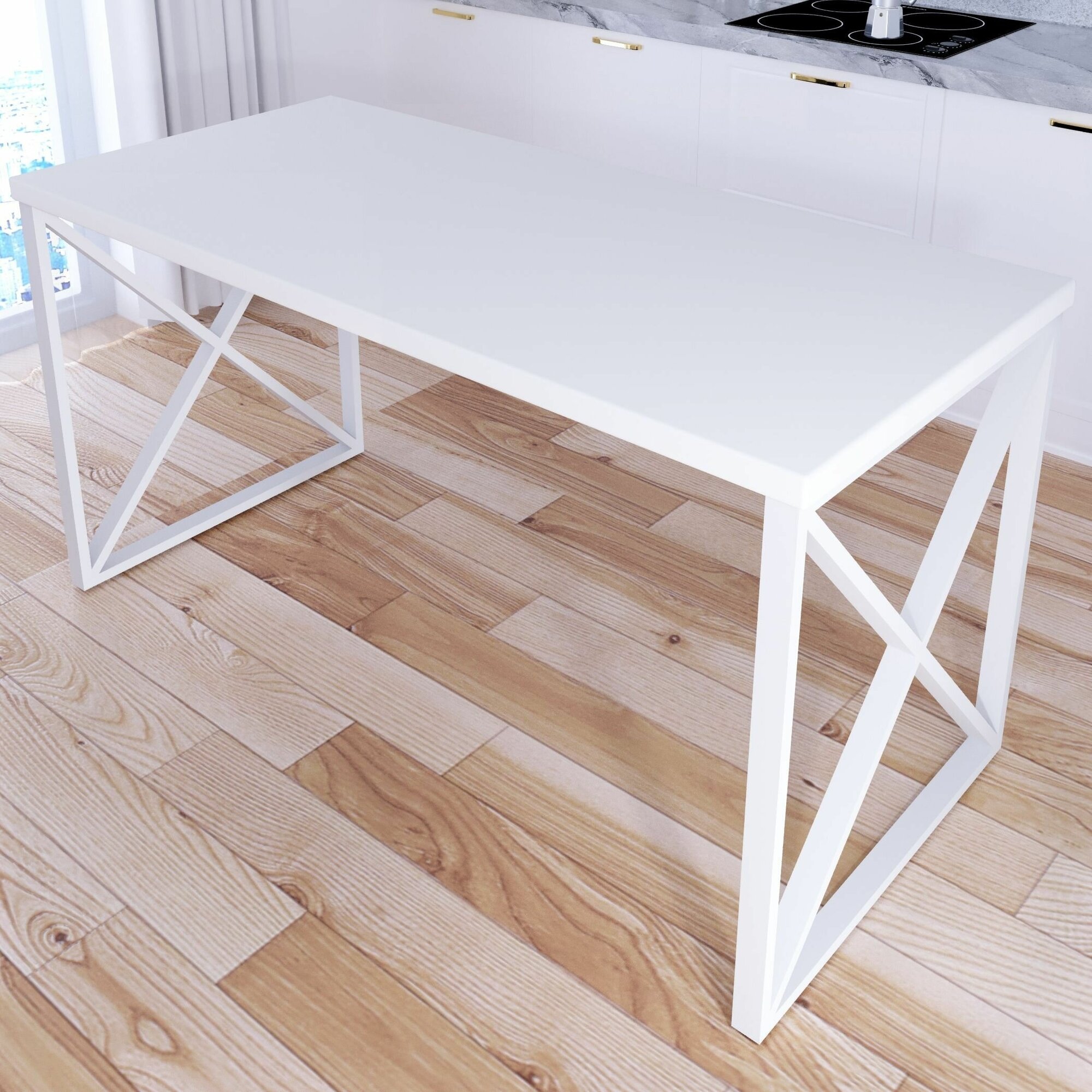Стол кухонный Loft со столешницей белого цвета из массива сосны 40 мм и белыми металлическими крестообразными ножками, 130х70х75 см