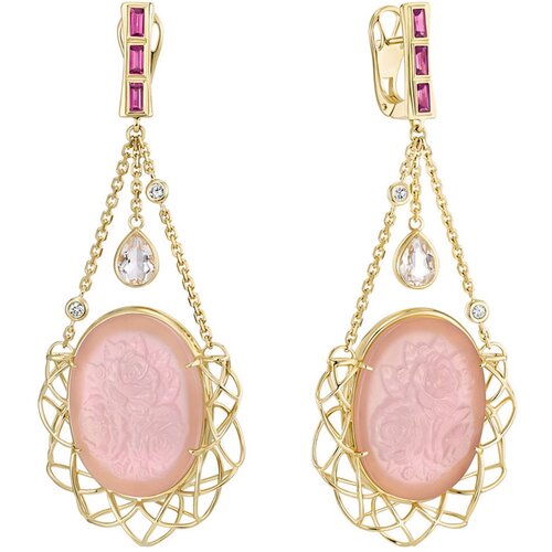 Серьги Natasha Libelle, золото, 585 проба, родолит, кварц, лейкосапфир, халцедон