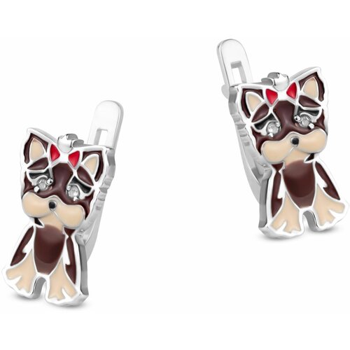 Серьги двусторонние Sirius Jewelry, серебро, 925 проба, родирование, фианит, эмаль, размер/диаметр 12 мм., коричневый, красный