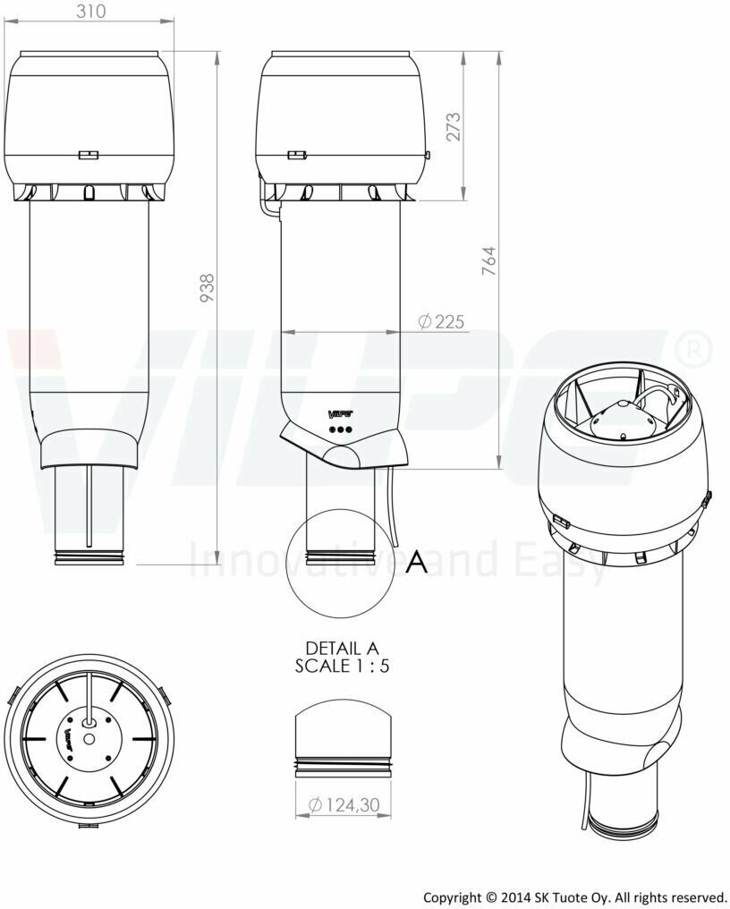 Серый (RR23, RAL7015) кровельный изолированный вентилятор Vilpe с глушителем Е190Р/125/700 (Финляндия) - фотография № 2