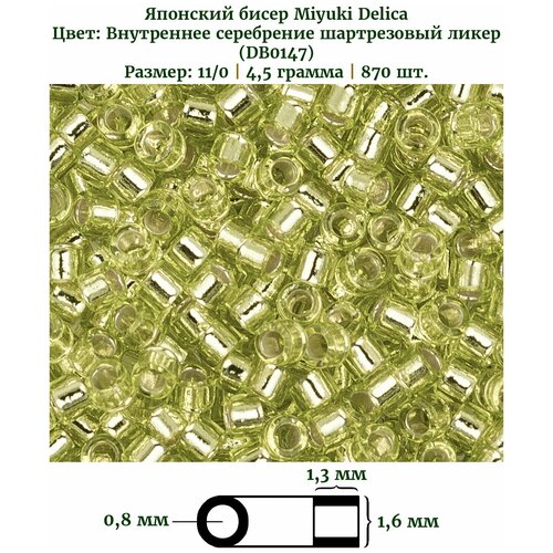 Бисер Miyuki Delica, цилиндрический, размер 11/0, цвет: Внутреннее серебрение шартрезовый ликер (0147), 4,5 грамм