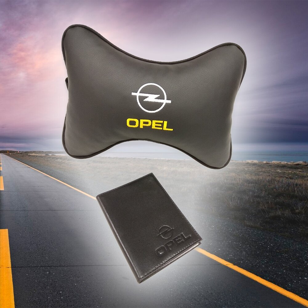 Подарочный набор автомобилиста для Opel (опель): обложка для автодокументов и подушка на подголовник