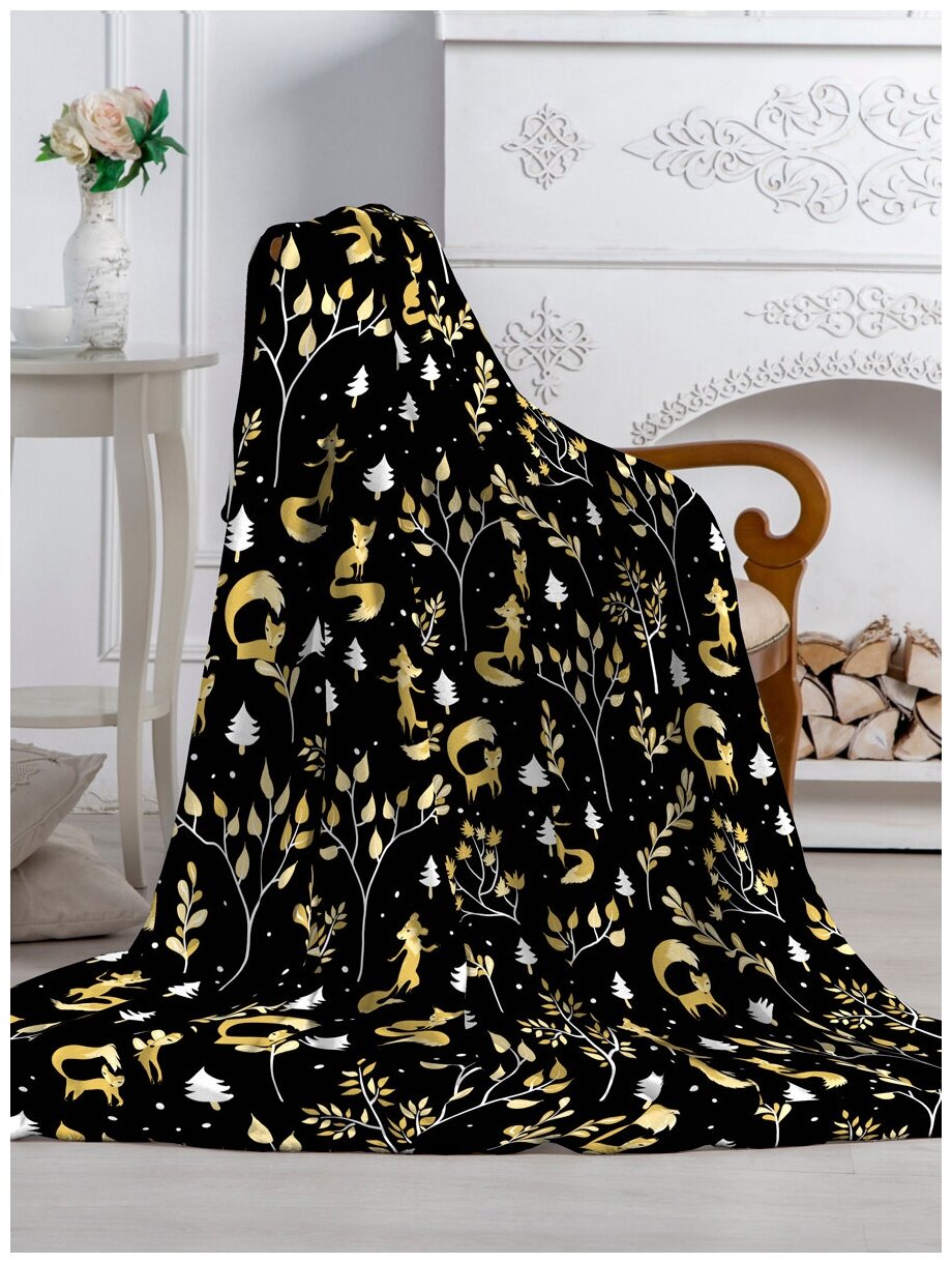 Плед новогодний Павлина Золотые Лисы, черный, 150х200, 1,5-спальный - фотография № 10