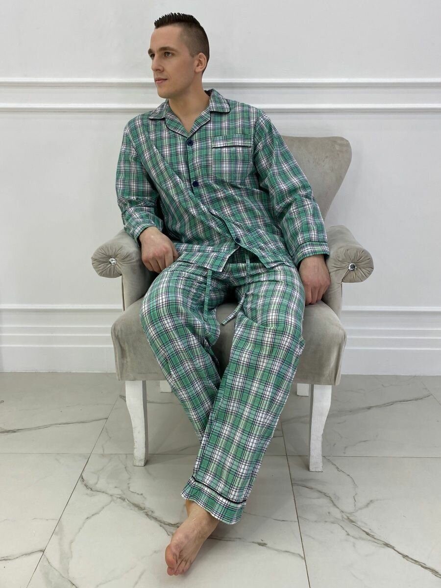 Пижама мужская в клетку с брюками и рубашкой с длинным рукавом хлопок Global - фотография № 1